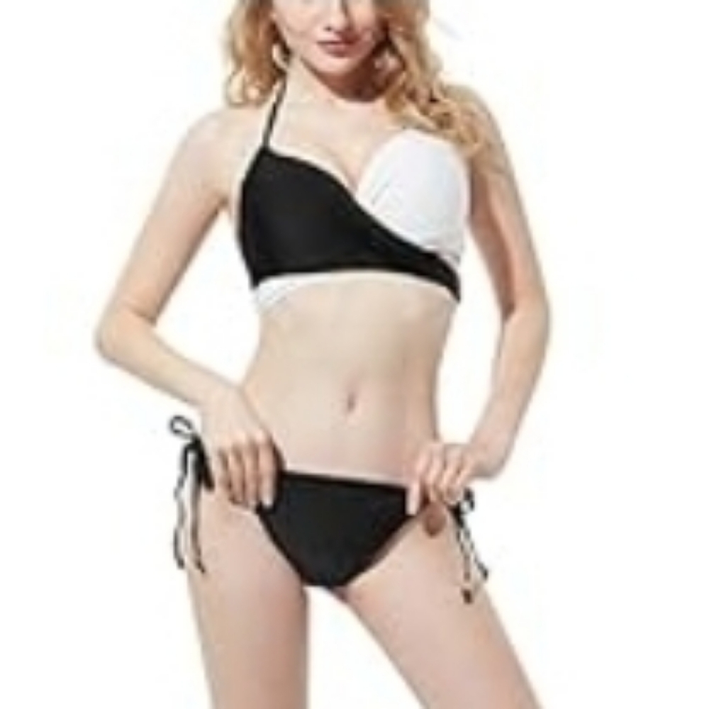 2-PC BIKINI LamourLove Bikini Halter Triangle Padded Black & White, SMALL ~ NWT